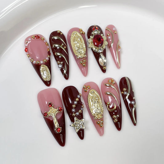 10Pcs Luxurious Religious Retro Long Stiletto Nail Art Set Cross Angel Handmade Nail Sticker Wearable Acrylic Manicure for Women