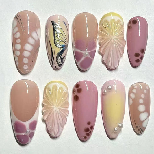 24pcs Ocean Shell False Nails Art Summer Blue French Long Almond Press on Nails Tips Colorful Hot Chick Flower Design Fake Nail