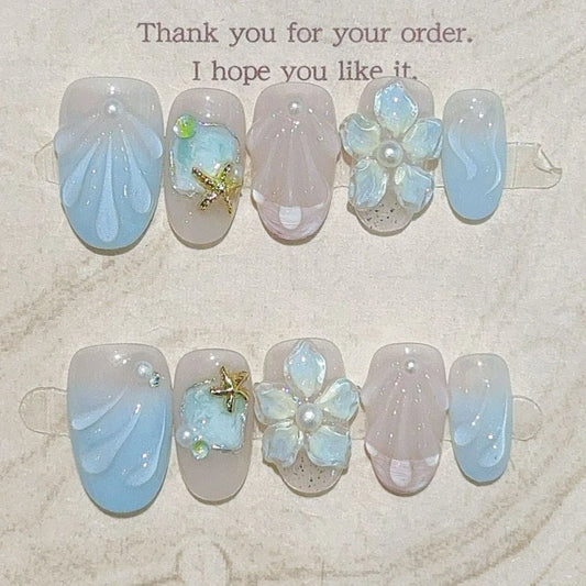 10Pcs Summer Romance Sea Island False Nails with Shell Starfish Pattern Wearable Short Oval Fake Nails Blue Full Cover Press Ons
