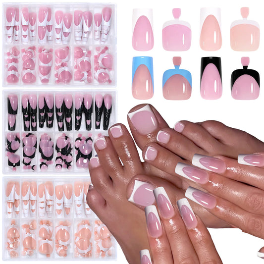 288PCS French Fake Nails Toenails Set White/Black/Blue Edge French Press On Nail Sets for Fingernail DIY Manicure False Nails