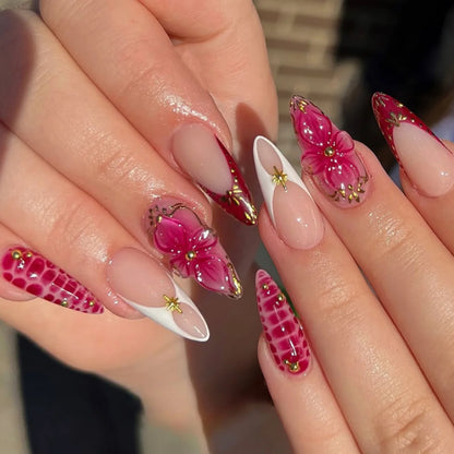 24Pcs Mid-length Almond Press on Fake Nails with Insect Flower Button Design Full Cover Nails Tips Reusable Finished False Nails