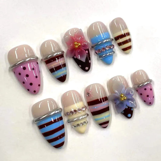 24pcs Colorful Stripe Polka Dot Fake Nails Almond with Rhinestone Flower Design Press on False Nails French Spicy Girl Manicure