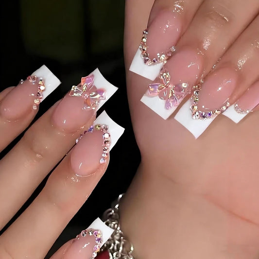 24Pcs Shiny Diamond & Sweet Bow Press On Nail Medium Square White French Press On Nails Full Cover Acrylic Fake Nail Tips Decor