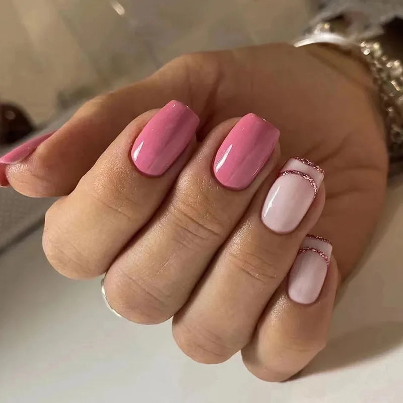 24pcs Flower Stick on Nail Tips Blue Square Nails Sets Short Ballet Fake Nail Finished Simple Shiny Powder Press on False Nails