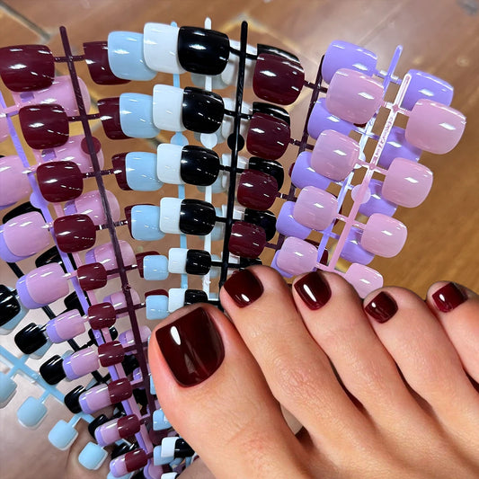 144pcs Mixed Color Short Square False Toe Nails Wine Red, Balck, White, Pink, Blue Press On Toenails Summer Glossy Fake Toe Tips