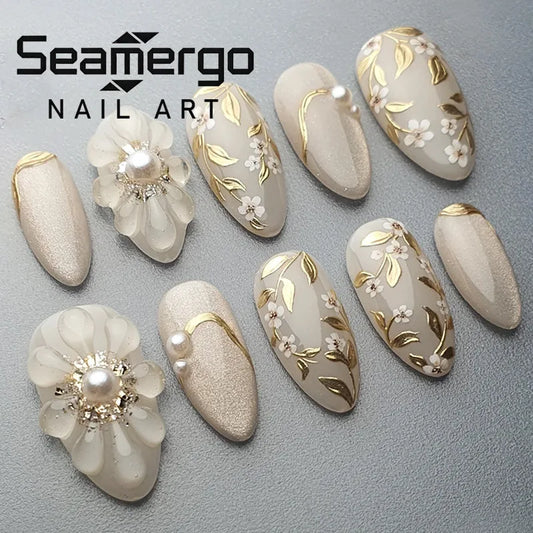 24PCS Nude Gold Gradient Press on Nails Almond Fake Nails with Flower Leaf Rhinestone Details Elegant Luxury Nail Art for Women