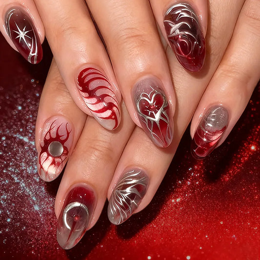 30pcs Punk Cool Press on Nails Sliver Love Print Fake Nails for Women Girls Wearable Sweet Cool Y2k Style False Nails