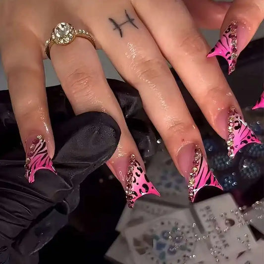 24PCS Pink Leopard Print French Press on Nails Simple Duckbill False Nails Sweet Cool Diamonds Duck Nails Wearable Manicure Tips