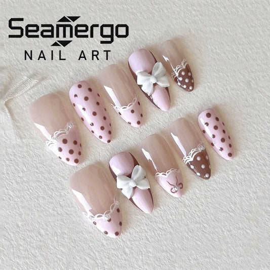 24PCS Cute Bow Lace Design False Nails Pink Brown Polka Dot Almond Shape Press on Nails French Tips Sweet Kawaii Nail Art Daily
