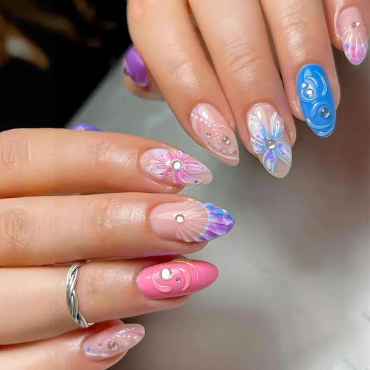 24pcs Short Almond Nails Sets Press on Rhinestone Decor False Nails Tips Colorful Smudge Full Cover Nail Flower French Fake Nail