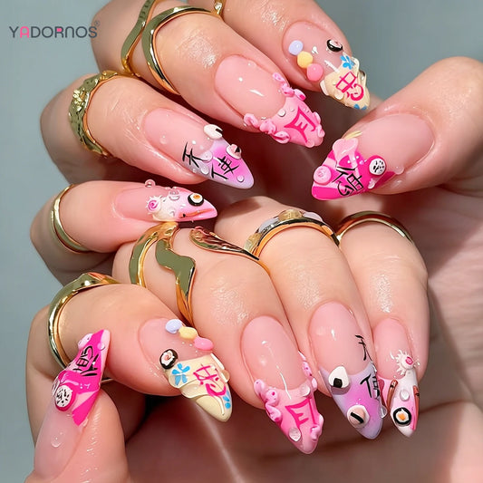 24pcs Spicy Girl Summer Fake Nails Rose Red Dopamine French Style Press On Nails Cartoon Pattern Decor Sweet Almond False Nail