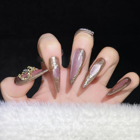 Handmade Long Stiletto Press On Nails Reusable Butterfly Diamond Decoration Fake Nails Full Cover Artificial Wearable False Nail