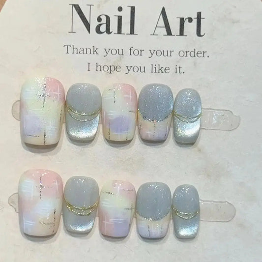 10Pcs Mixed Color Acrylic Fake Nails Blue Cat Eye French Flash Short Stick on Nail Detachable Fashion Ballet Full Cover Press On