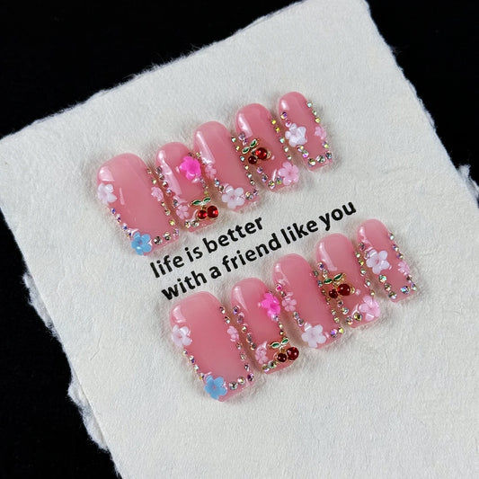 10pcs high-end Sweet girl style, hand-painted three-dimensional patterns, fine glittering small diamonds handmade fake nails