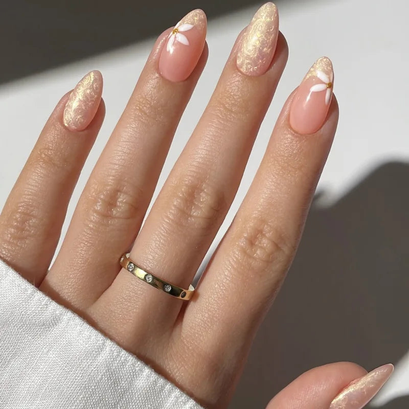 24pcs Fashion French White Fake Nails Sets Sweet Flower Long Almond False Nail Art Wearable Bow Pearl Design Press on Nails Tips