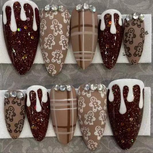 30pcs Christmas False Nails Red Green Spiral Pattern Press on Nails Love Coffee Stripe Winter Xmas Manicure Almond Fake Nails