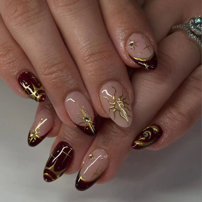 24Pcs Short Almond Fake Nails Butterfly Wings Nail Art with Glue Glitter Flower False Nails Acrylic Autumn Winter Press on Nail