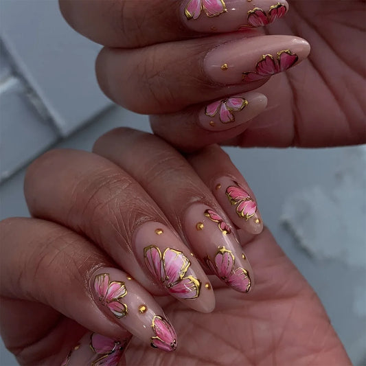 24Pcs Gilded Flower Dot Design Press on Fake Nails Mid-length Nude Almond False Nails Detachable Finished Full Cover Nails Tips