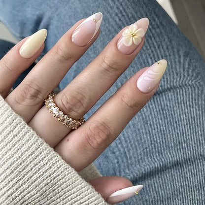 24PCS Sweet Summer Design False Nails Pastel Blue Pink Almond Fake Nail with 3D Starfish Shell Flower Pearl Beach Press on Nails