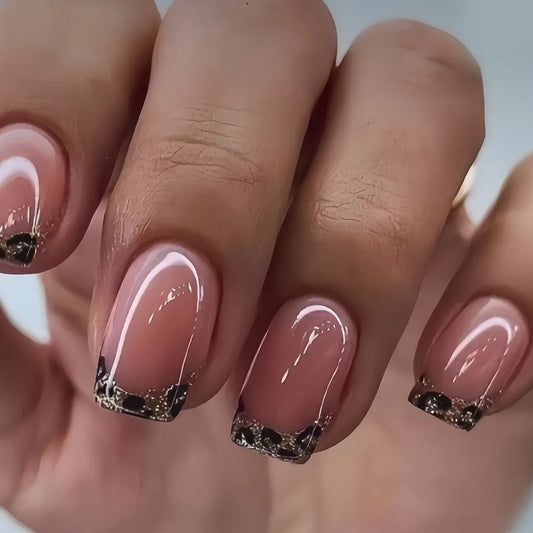 24Pcs Black Leopard-print Pattern Square Fake Nails Short Ballet French Glossy Design Hot Girl Manicure Detachable Acrylic Nails