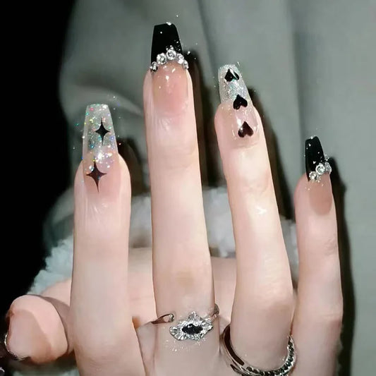 24Pcs Mid-length French Ballet Press on Nails Heart Star Rhinestone Fake Nails Shiny Powder Reusable Full Cover False Nails Tips