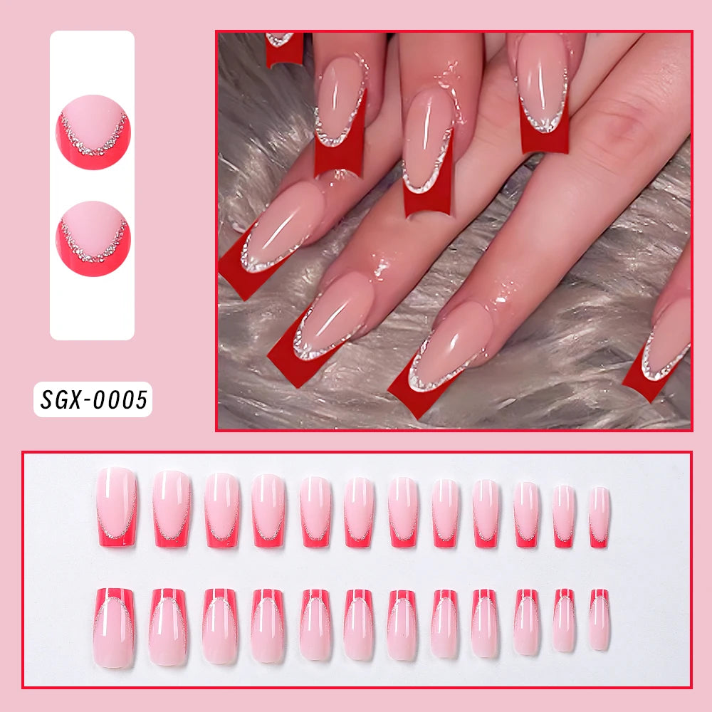24pcs Flower French Fake Nails Pink Mid-length Square Finished False Nail 3D Jelly Hibiscus Design Gradient Press on Nails Tips#