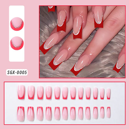 24pcs Flower French Fake Nails Pink Mid-length Square Finished False Nail 3D Jelly Hibiscus Design Gradient Press on Nails Tips#