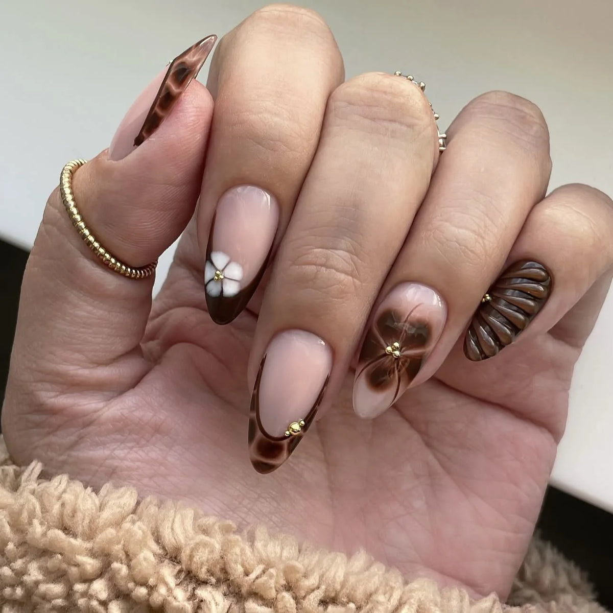 Harvest – Brown Floral 3D Almond Press-On Nails