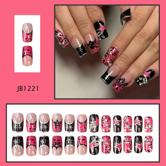 24pcs Sweet Cool Medium Square False Nails Pink Black Leopard Print French Style Press On Nails Y2k Stars Music Note Fake Nail