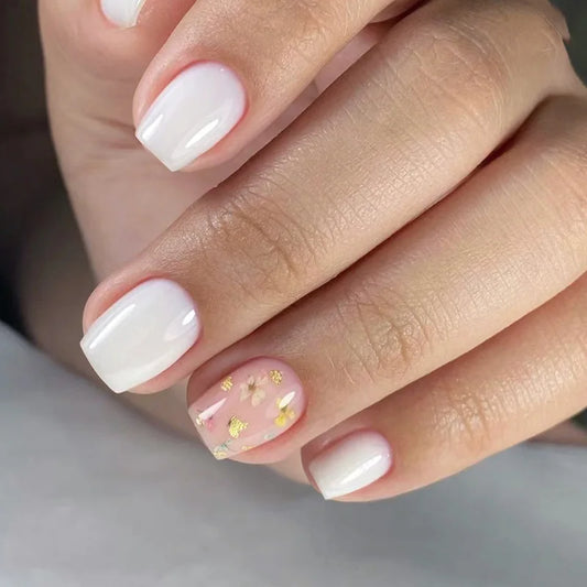 24pcs Short Ballet False Nails Cute Flower Design White Press on Nails Sets Finished Square Fake Nail Simple Datachable Manicure