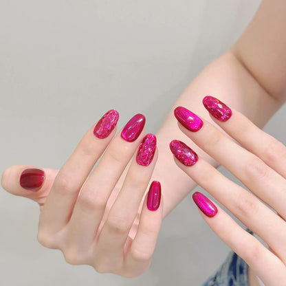 10pcs Rose Red Cat's Eye Press On Nails Solid Pitaya Color Almond Handmade Fake Nail Shiny Sequins Designs Spicy Girl False Nail