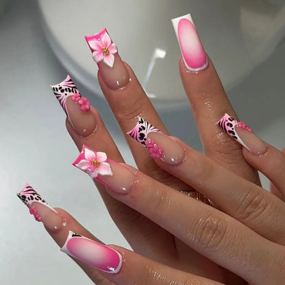 24PCS Spice Girls False Nails Sweet Cool 3D Pink Flowers with Diamonds Decoration Square Press on Nails Full Cover Wearable Tips