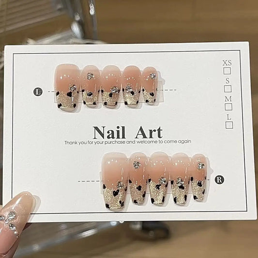 10pcs high-end Sweet and cool style, dazzling golden cat eyes, small pile diamonds, irregular leopard print handmade French Tip