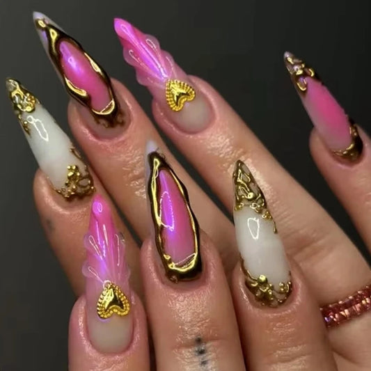 Luxury Gold Metal Love Heart 3D Flower Dolphin Shell Summer Jellyfish Starfish Fake Nails Pointed False Nails Art Press on Nails