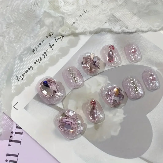 10pcs high-end Short show white burst love type handmade fake nails, Flash Sweet handmade manicure