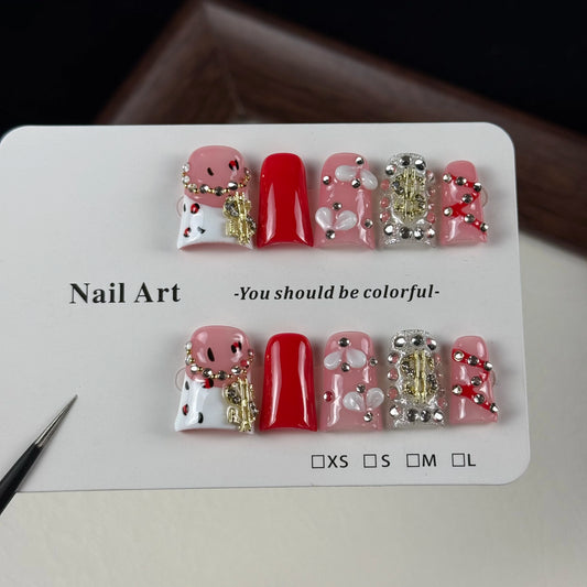 10pcs high-end Sweet and cool style, hand-painted patterns, dazzling three-dimensional stacked diamonds handmade fake nails