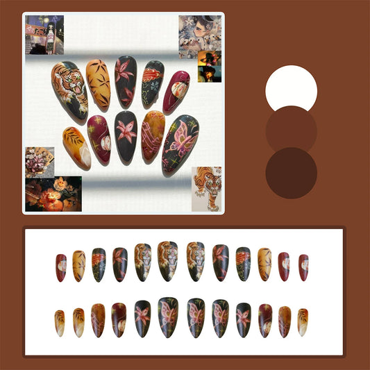 24pcs Vintage Chinese Style False Nails Frosted Almond Fake Nails With Creative Tiger Butterflt Flower Pattern Press On Nail