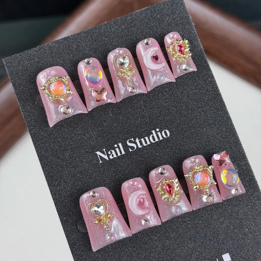 10pcs high-end Pink girl style, hand-painted three-dimensional water ice moon, flashing cat eyes, with tiny diamonds handmade
