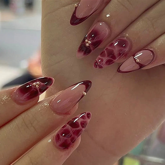 Wine Red French Wearable Nail Art Flowers Petal Halo Dyeing Almond False Nails Detachable Finished Fake Nails Press on Nails