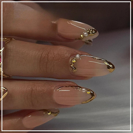 24Pcs Sweet Cool French Full Cover Press on Nails with Glue 3D Stiletto Almond False Nails Metallic Wearable Nail Manicure Tips
