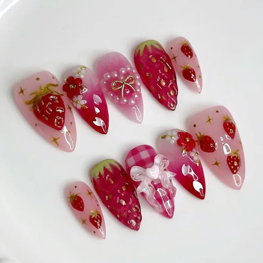 24pcs Wearable Press on Nails Strawberry Bow Design Nails Tips Red Short Almond Pearl Starlight Fake Nail Art Flower False Nails