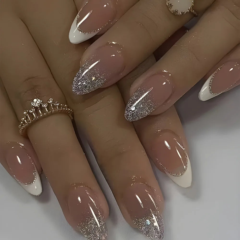 24Pcs Almond Fake Nails with Shimmery Powder Simple Nail Art Ombre French Full Cover Wearable Nail Manicure Tips for Girls Daily
