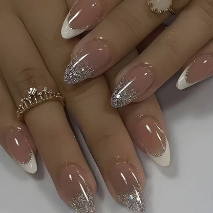 24Pcs Almond Fake Nails with Shimmery Powder Simple Nail Art Ombre French Full Cover Wearable Nail Manicure Tips for Girls Daily