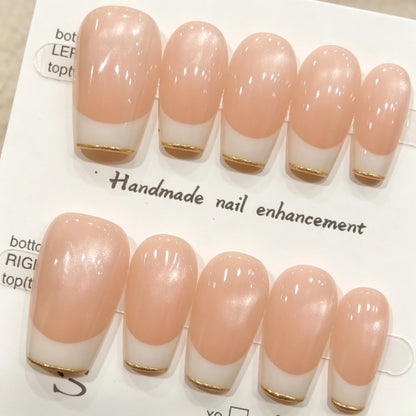10pcs Handmade Press on Nail Art Classic French Almond Cat-Eye Nude Full-Coverage Nail Tips Detachable Wearable Nail for Women