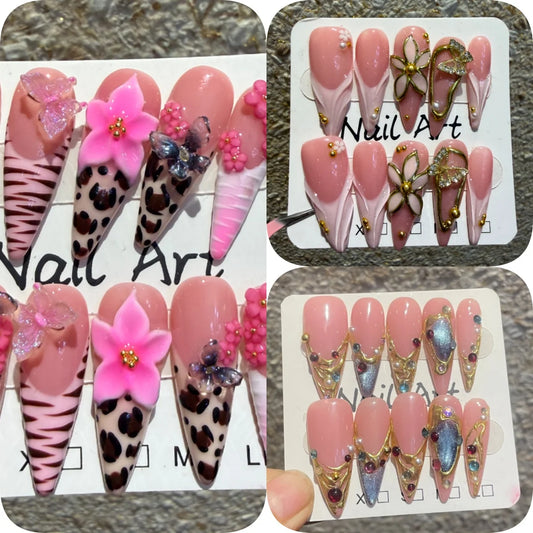 10Pcs Long Tip Leopard Print False Nails for Spice Girl Full Cover Flower Butterfly Nails Wearable Nail Supplies Накладные Ногти
