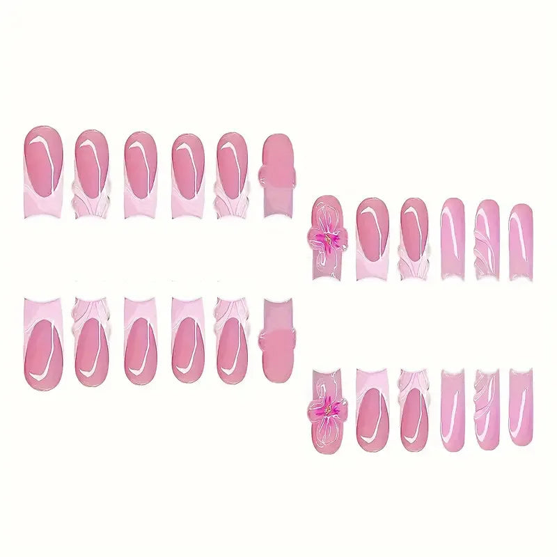 24pcs Flower French Fake Nails Pink Mid-length Square Finished False Nail 3D Jelly Hibiscus Design Gradient Press on Nails Tips#