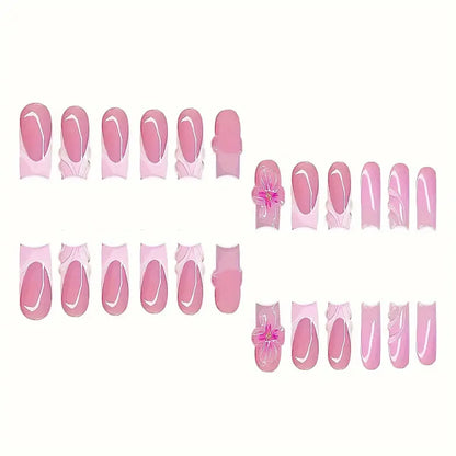 24pcs Flower French Fake Nails Pink Mid-length Square Finished False Nail 3D Jelly Hibiscus Design Gradient Press on Nails Tips#