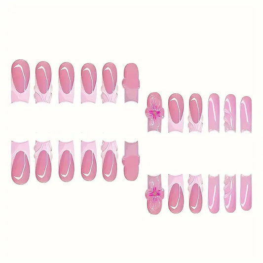 24pcs Flower French Fake Nails Pink Mid-length Square Finished False Nail 3D Jelly Hibiscus Design Gradient Press on Nails Tips#