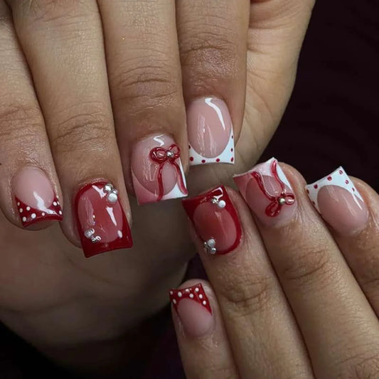 24pcs Diamond Polka Dot Tips Nail Art Short Square Full Cover Red French Fake Nail Cute Bow Pearl Design Press on False Nails