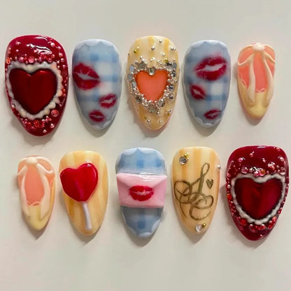 24Pcs Mid-length Almond Press on Fake Nails with Insect Flower Button Design Full Cover Nails Tips Reusable Finished False Nails